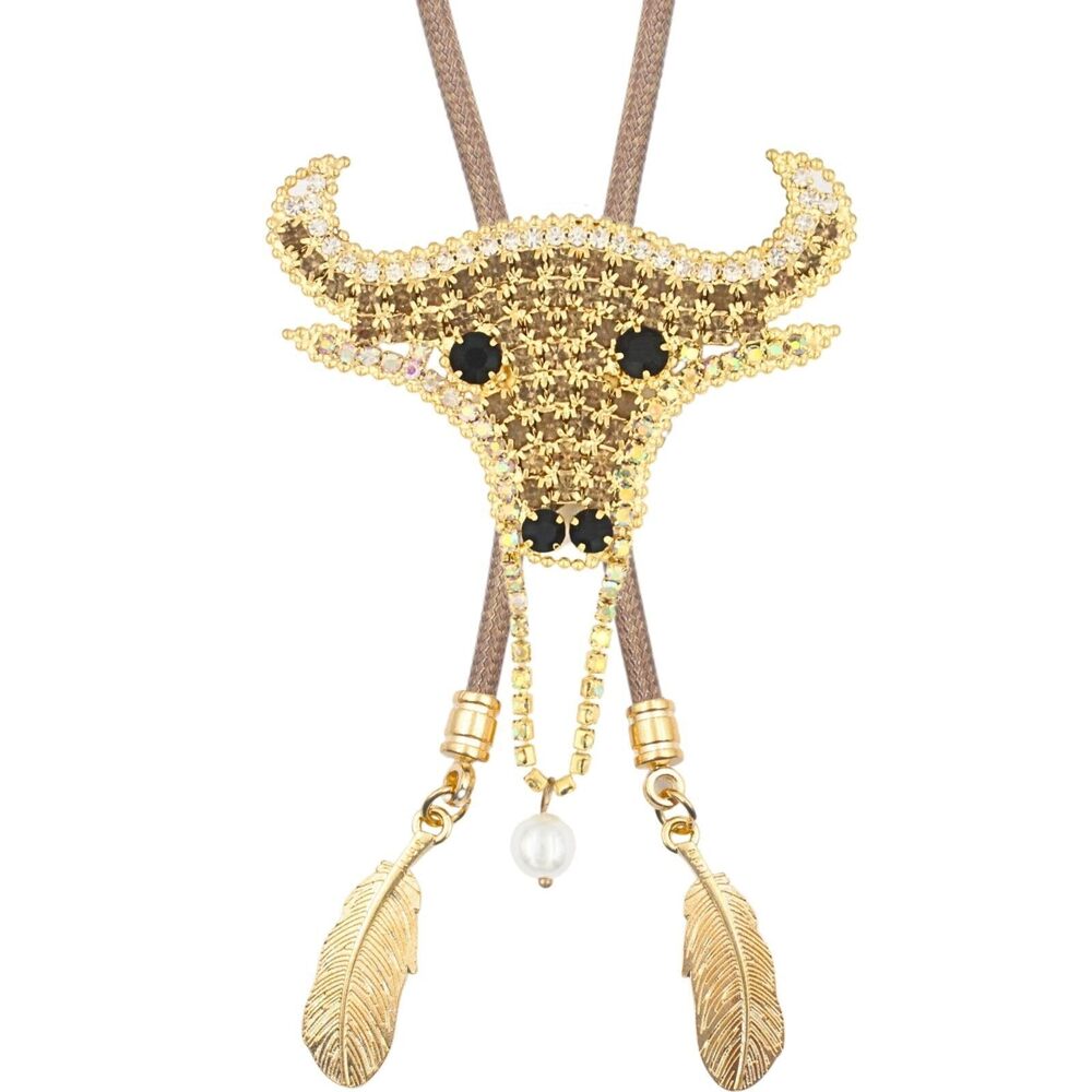 3321 Bolo Tie Gold Champagne Bull Head Rhinestone Bling Western Cowboy